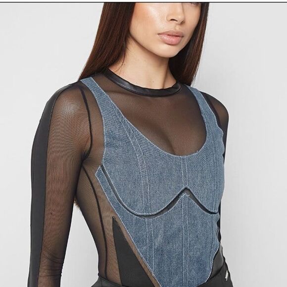MANIÉRE DE VOIR DENIM CORSET MESH BODYSUIT - Picture 2 of 13